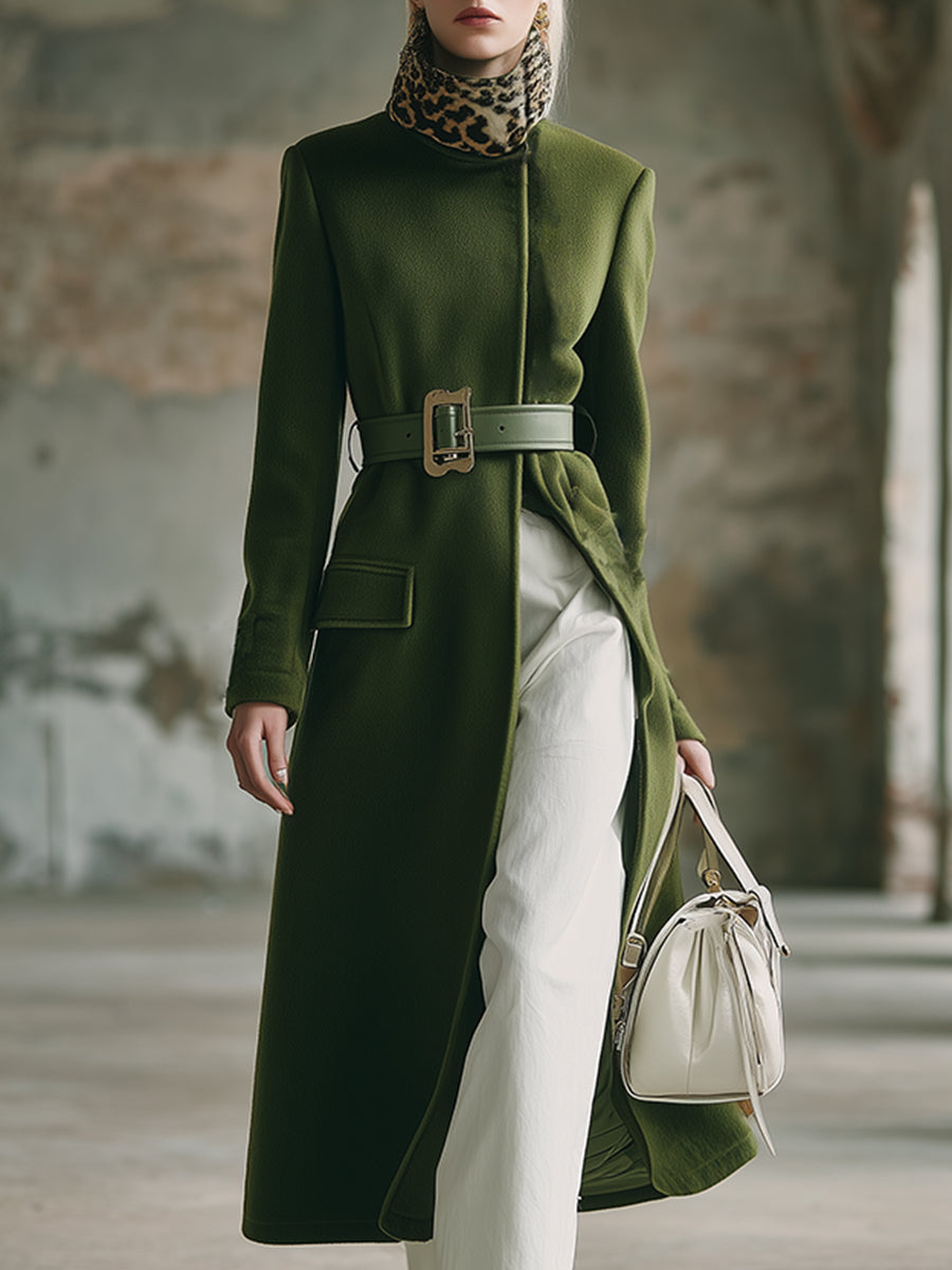 Élégant Manteau Vert Mousse en Laine avec Col en Fourrure Léopard