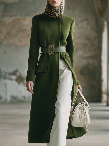 Élégant Manteau Vert Mousse en Laine avec Col en Fourrure Léopard