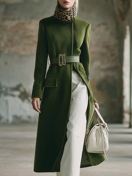 Élégant Manteau Vert Mousse en Laine avec Col en Fourrure Léopard
