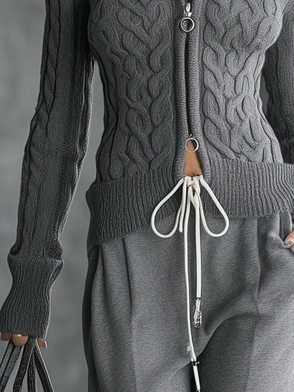 Cardigan gris slim à zip double en tricot torsadé classique