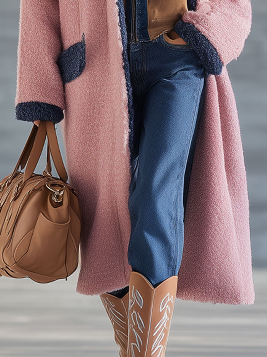 Veste Longue en Polaire au Style Nomade Urbain - Bleu Marine et Rose