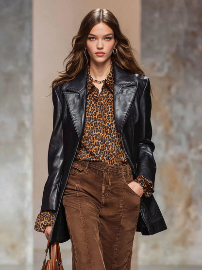 Blazer Noir en Similicuir au Style Rétro avec Revers Ample