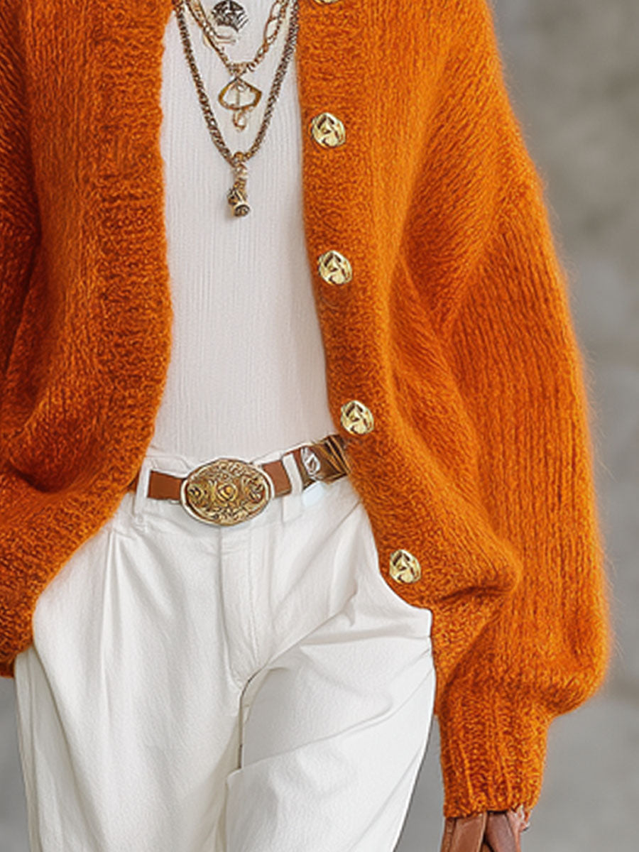 Cardigan Tricoté avec Col Orange et Boutonnage Élégant