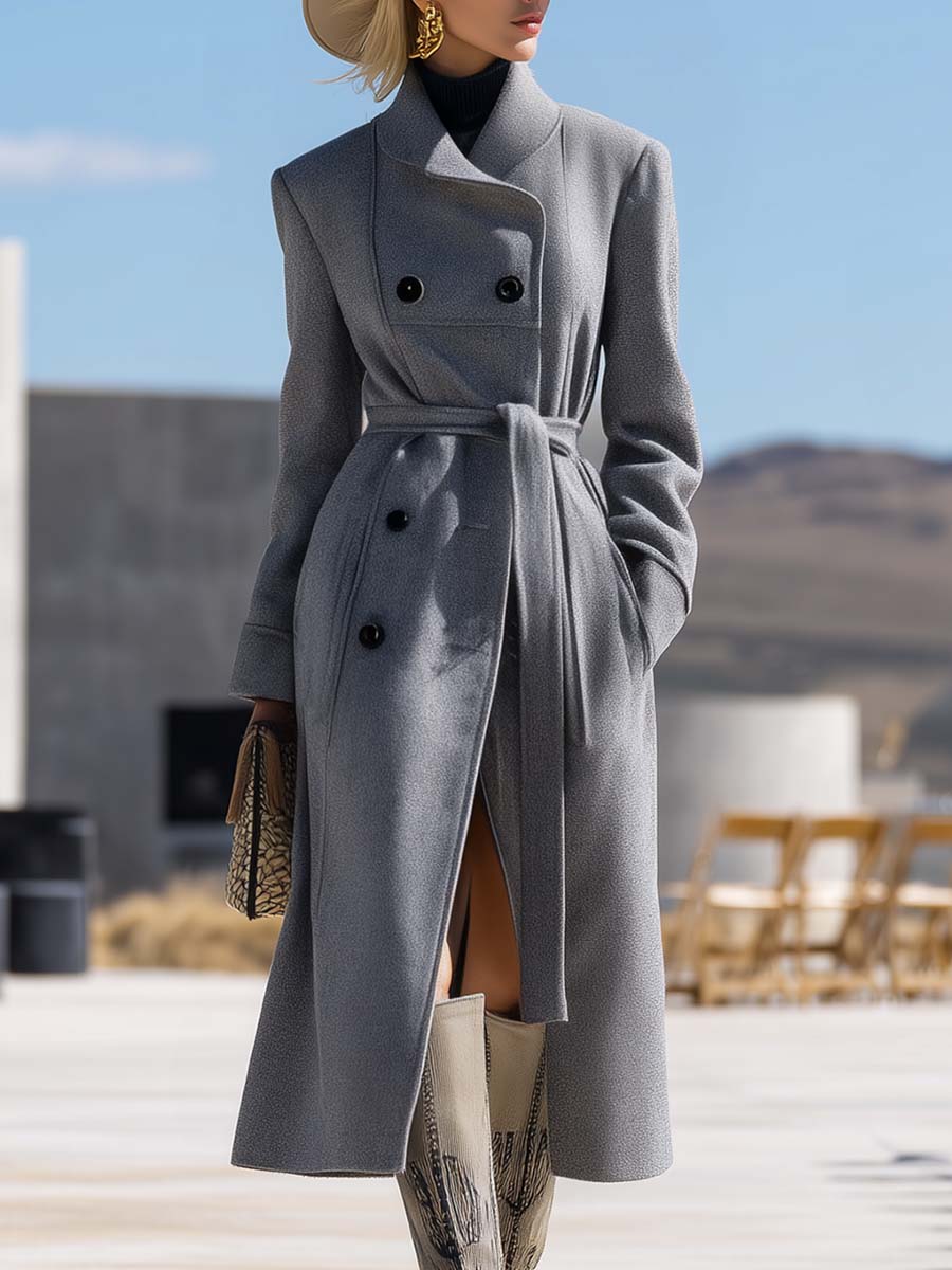 Veste en Laine Grise à Double Boutonnage avec Cravate - Élégance et Style Audacieux