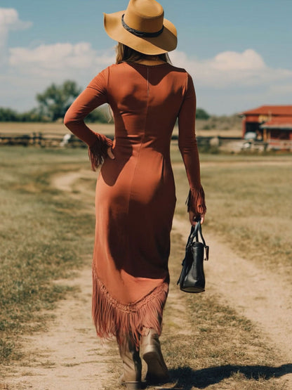 Robe Maxi Rouge Brique Rétro avec Manches Longues et Franges