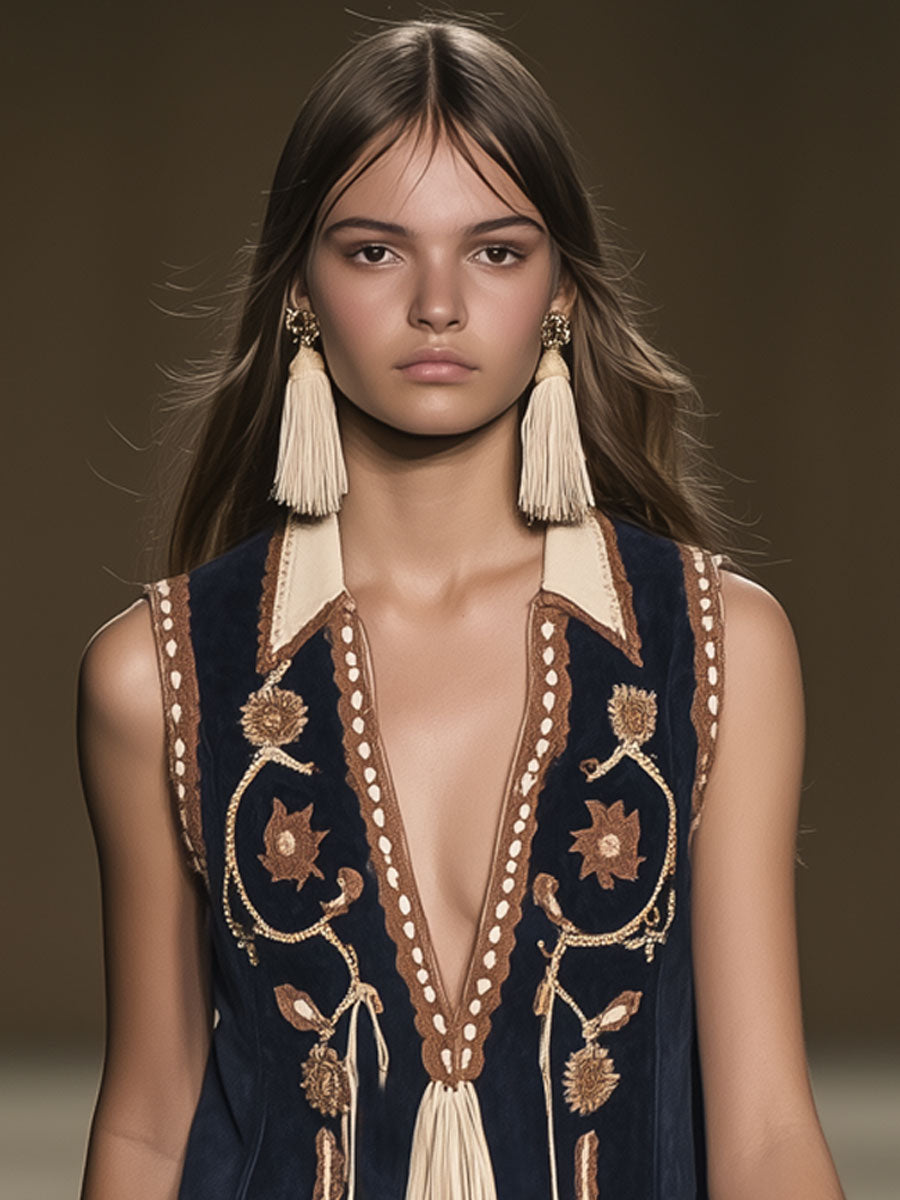 Robe Mini Sans Manches en Suède Vintage Bohémienne Brodée avec Franges - Expédition Rapide en 24 Heures !