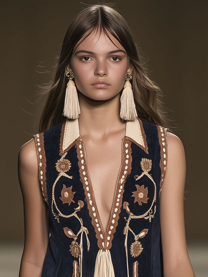 Robe Mini Sans Manches en Suède Vintage Bohémienne Brodée avec Franges - Expédition Rapide en 24 Heures !