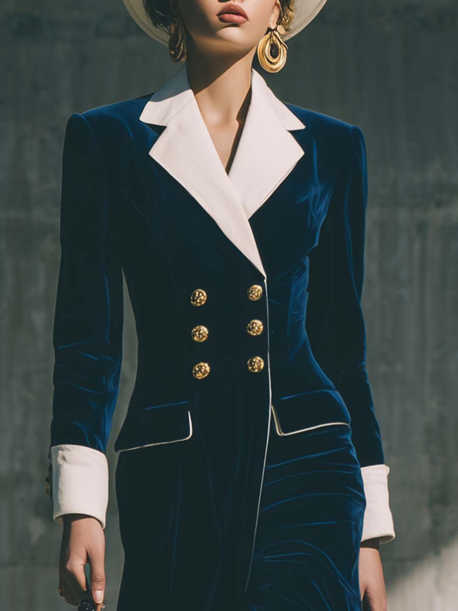 Robe Maxi Élégante en Velours Bleu Foncé avec Revers Contrastés et Double Boutonnage - Vintage Chic