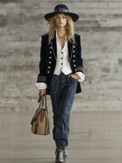 Veste de Costume Rétro en Velours Bleu Foncé à Double Boutonnage