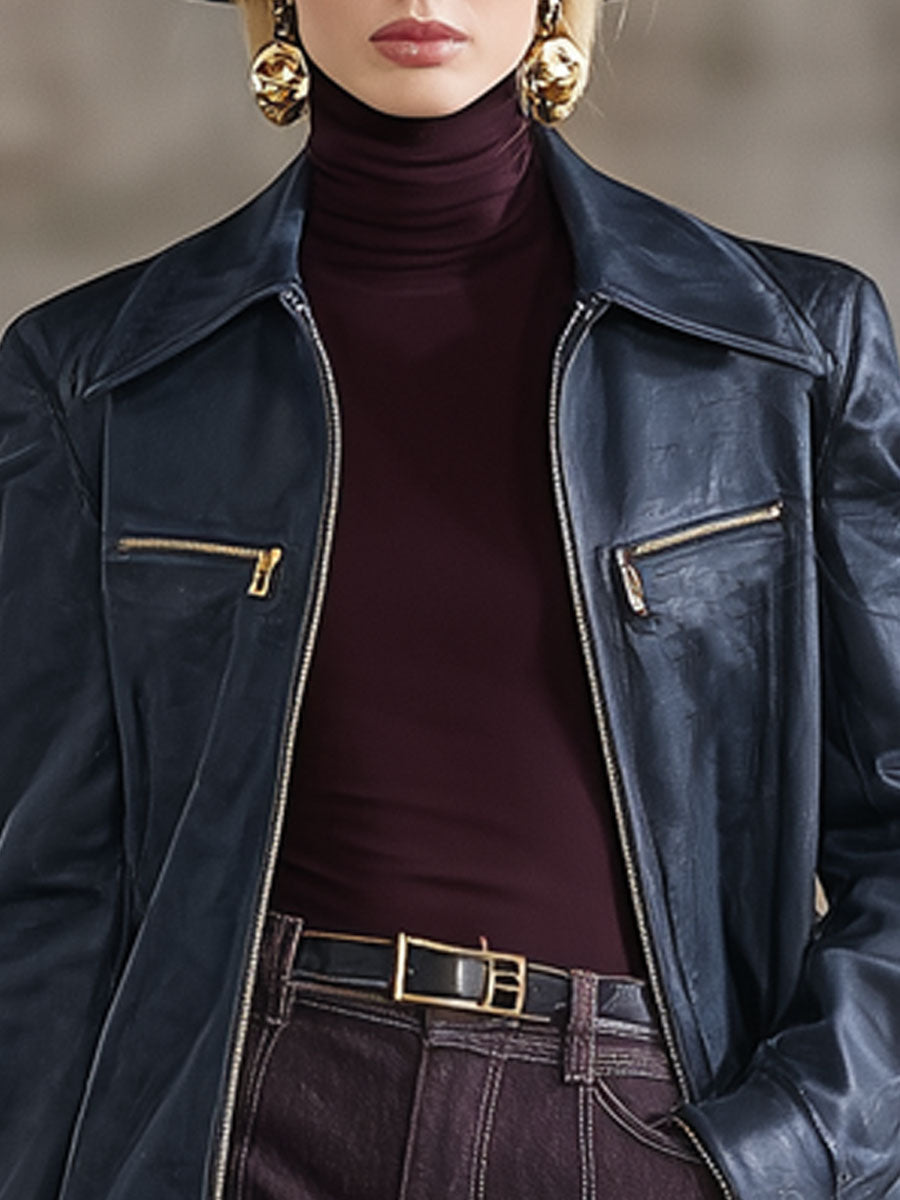 Veste zippée en simili cuir vintage bleu marine