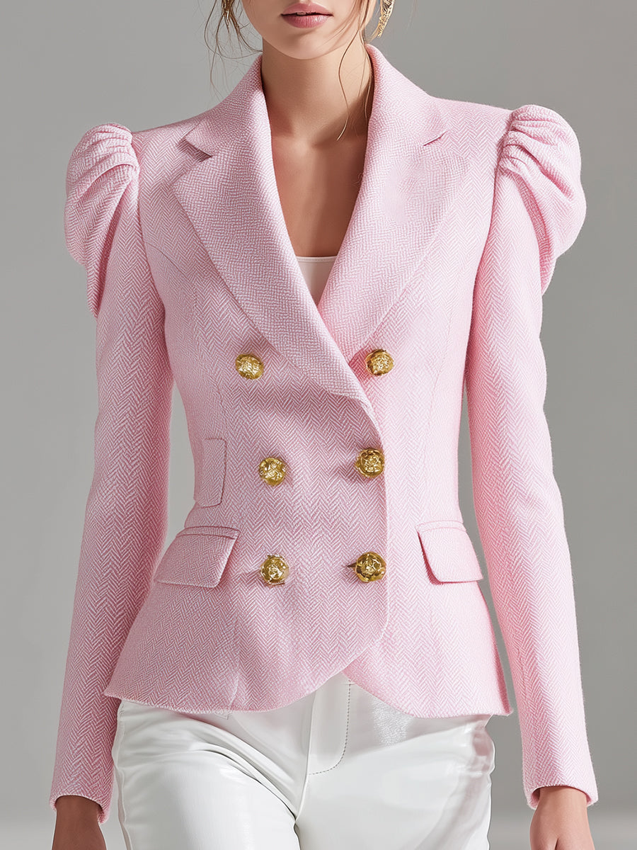 Veste en Laine Rose à Double Boutonnage et Manches Bouffantes