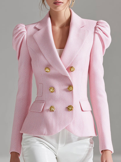 Veste en Laine Rose à Double Boutonnage et Manches Bouffantes