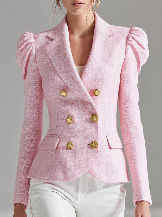 Veste en Laine Rose à Double Boutonnage et Manches Bouffantes
