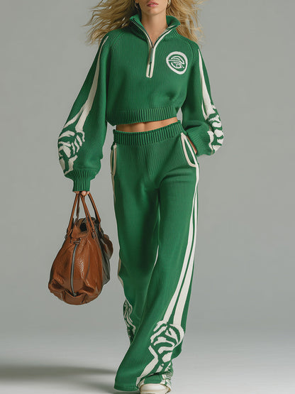 Ensemble Décontracté en Tricot Blanc avec Col Zippé et Pantalons Amples Vert