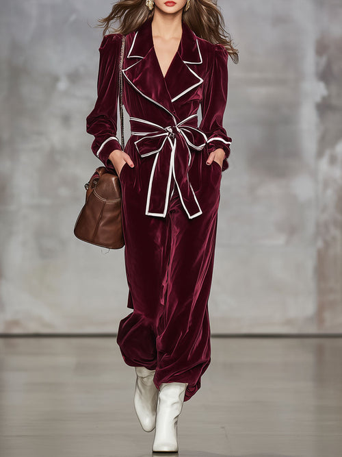 Combinaison en velours à manches longues avec cravate contrastée et col décontracté