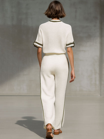 Ensemble Vintage : Chemise Tricotée Blanche à Manches Courtes et Pantalon à Jambes Larges