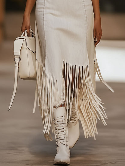 Robe Midi Sans Manches en Denim Blanc avec Broderie Vintage Marron et Franges - Expédition Rapide en 24 Heures