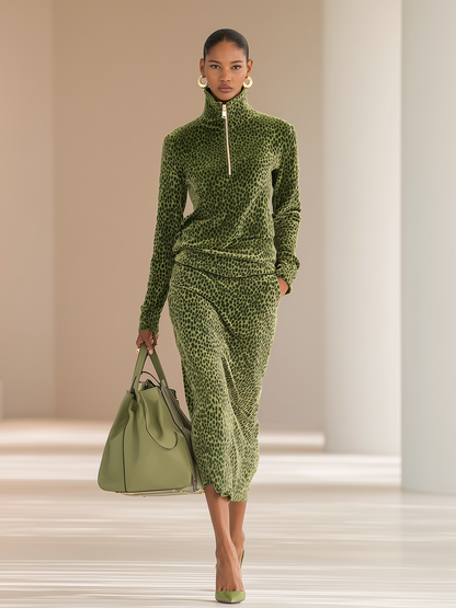 Ensemble Sportif en Velours à Col Montant Imprimé Léopard avec Jupe