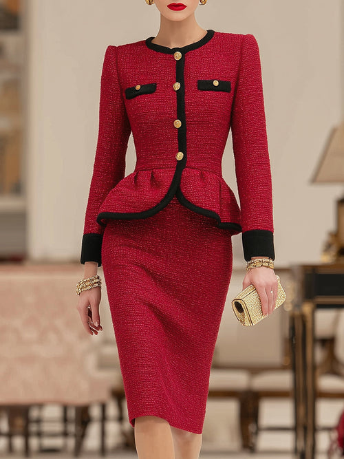 Ensemble Élégant : Veste Noire et Jupe en Tweed Rouge Vintage