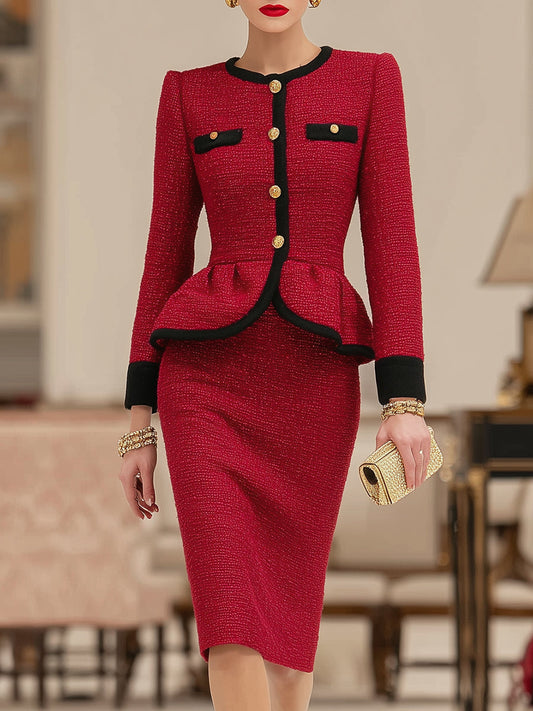 Ensemble Élégant : Veste Noire et Jupe en Tweed Rouge Vintage