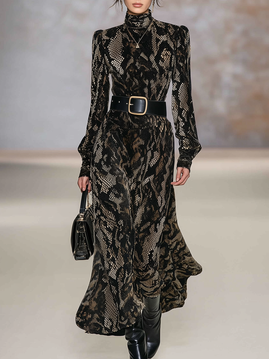 Robe Maxi en Velours à Imprimé Serpent : Élégance Tendance avec Col Montant et Manches Longues