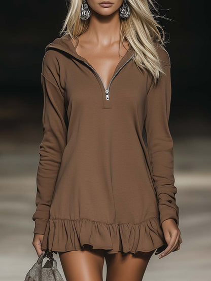 Robe Décontractée Marron à Manches Longues avec Capuche et Ourlet Volant