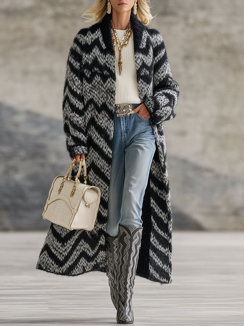 Cardigan Rétro à Rayures Zigzag Noir et Blanc