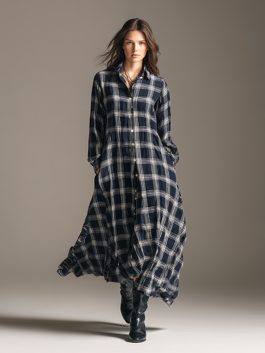 Robe Maxi Rétro à Carreaux : Élégance avec Col, Manches Longues et Coupe Ample