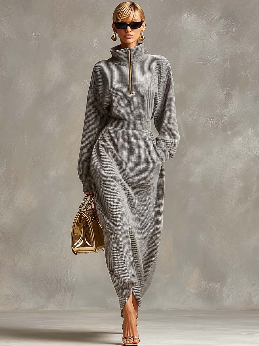 Robe Maxi Waffle Grise Clair à Zip Avant, Col Relevé et Manches Longues