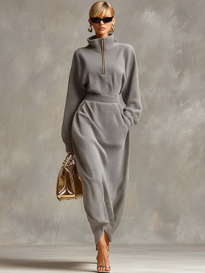 Robe Maxi Waffle Grise Clair à Zip Avant, Col Relevé et Manches Longues
