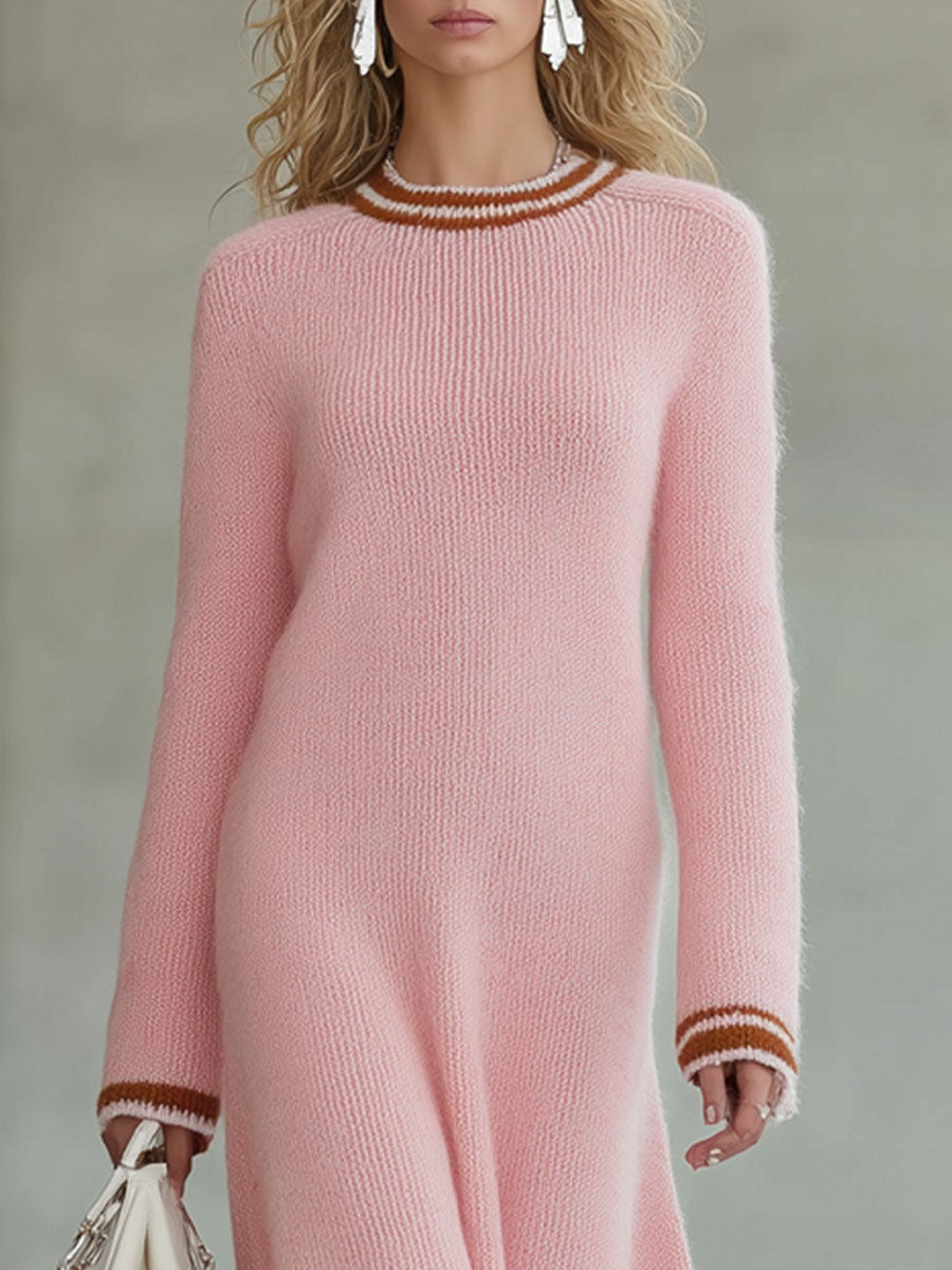 Robe Midi A-Ligne Tricotée Rose au Bord Brun Vintage