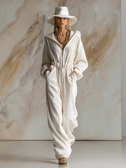Combinaison décontractée en velours côtelé blanc avec capuche, fermeture éclair avant et manches longues