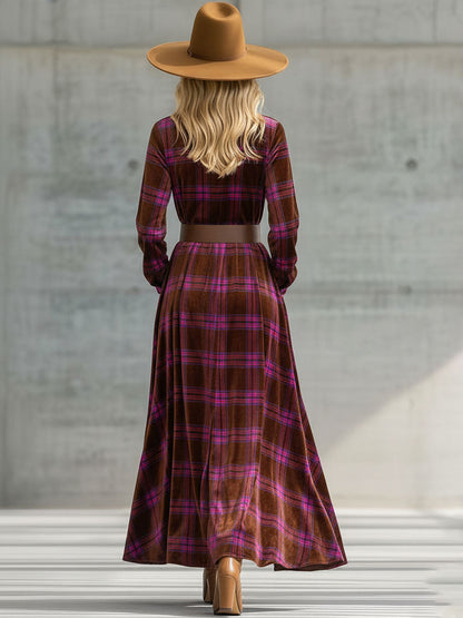 Robe Maxi en Velours à Lacets avec Motif Rétro à Carreaux Roses et Marron