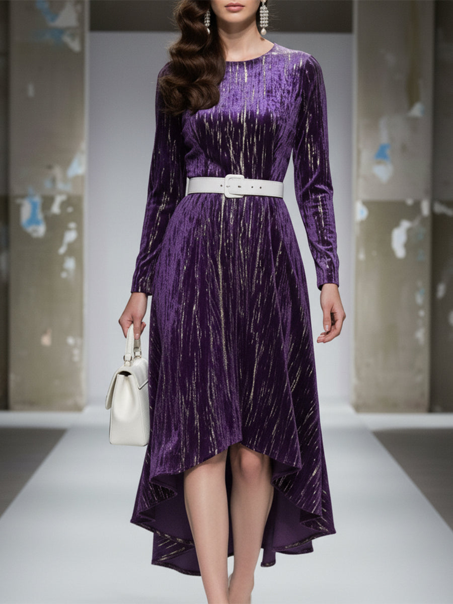 Robe Midi Luxe en Velours Violet avec Estampage à Chaud et Col Rond