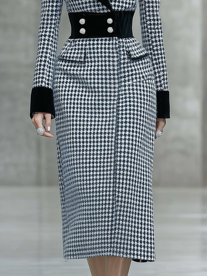Élégante Robe Midi Houndstooth avec Col en Velours Noir - Un Incontournable Tendance
