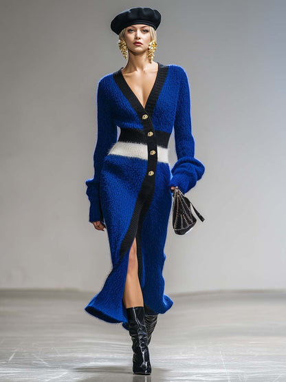 Robe Midi Tricotée Bleu Royal avec Col V et Boutons Latéraux