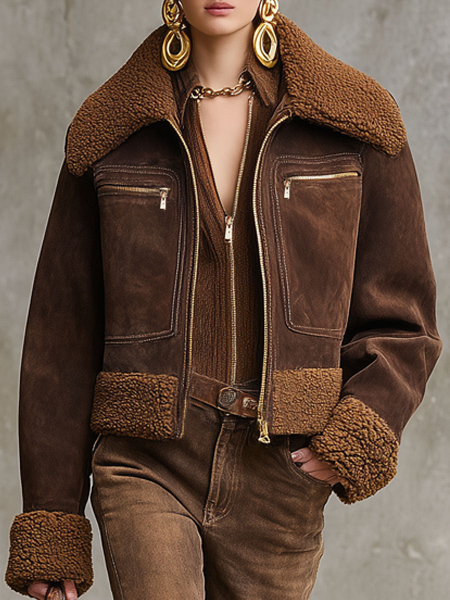 Veste Sherpa en Suède Synthétique avec Fermeture Éclair et Col Western