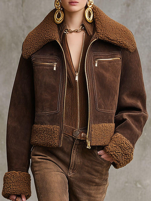 Veste Sherpa en Suède Synthétique avec Fermeture Éclair et Col Western