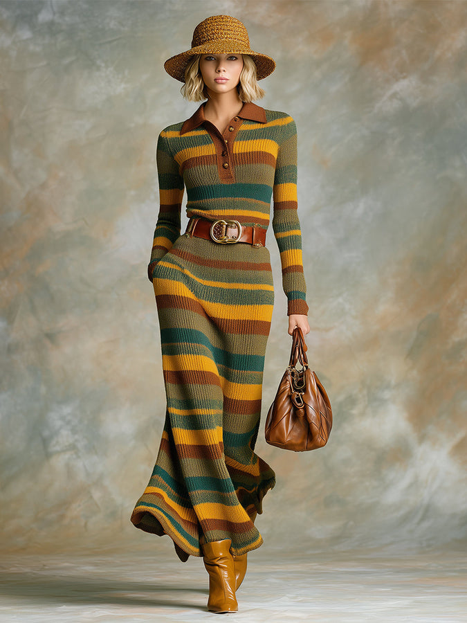 Robe Maxi Tricotée à Rayures Marron et Verte avec Détails Western Rétro