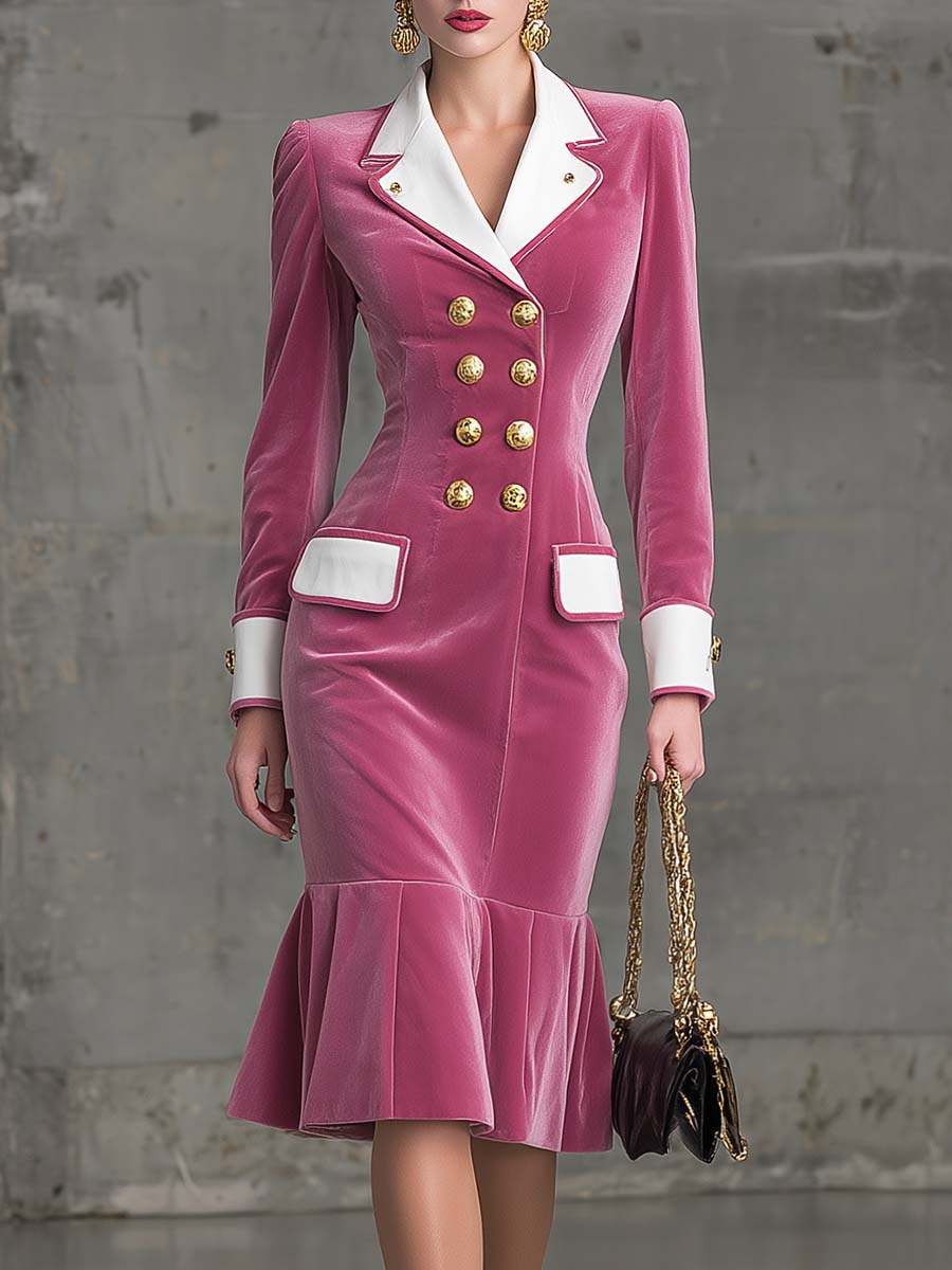 Robe Midi en Velours Rose à Col Notch, Élégante avec Ourlet en Feuille de Lotus et Détails Rétro