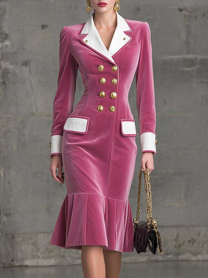 Robe Midi en Velours Rose à Col Notch, Élégante avec Ourlet en Feuille de Lotus et Détails Rétro