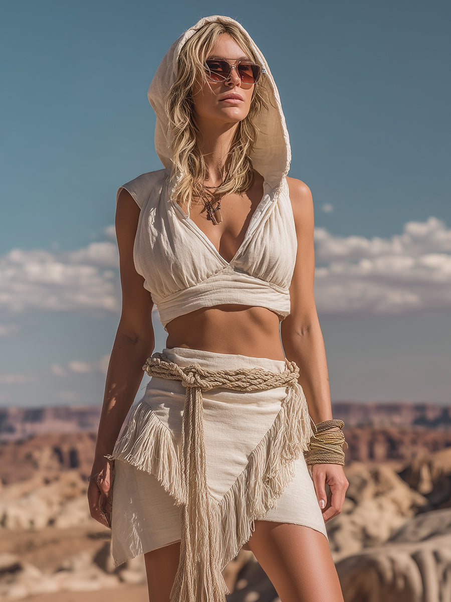 Expédition Rapide : Sweat à Capuche Rétro Chic avec Jupe Frangée en Coton et Lin Beige