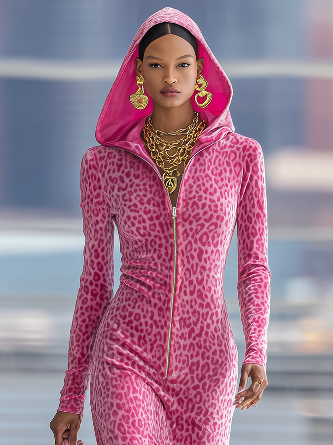 Robe Maxi en Velours Léopard à Capuche avec Zip Sportif