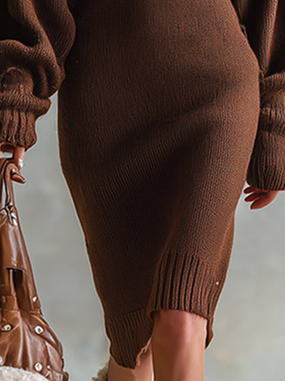 Robe Midi Tricotée Marron à Col Haut avec Élégant Motif de Cerf Vintage pour Noël