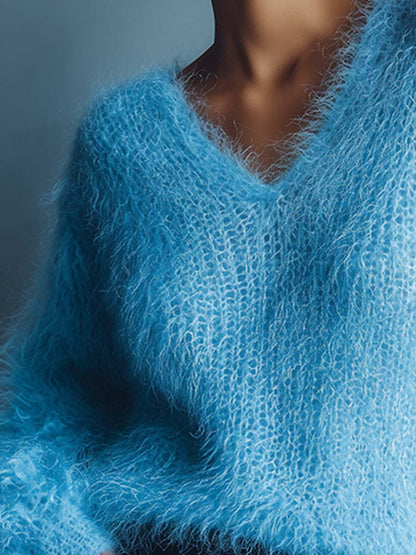 Pull léger en laine bleu clair à col en V - Élégance décontractée