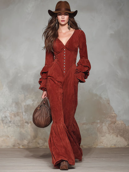 Robe Combinaison Vintage à Col en V avec Détails Boutonnés et Volants