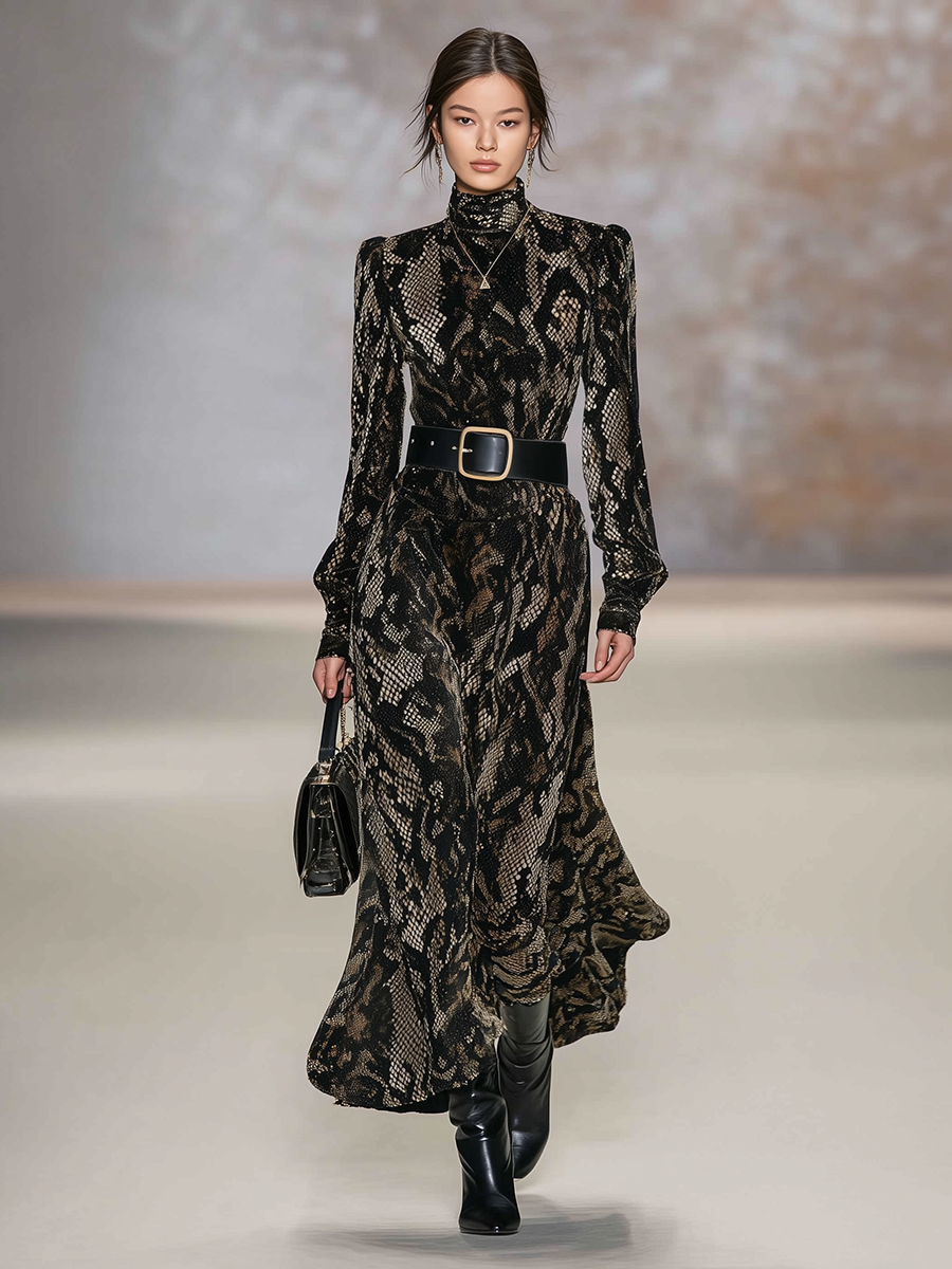 Robe Maxi en Velours à Imprimé Serpent : Élégance Tendance avec Col Montant et Manches Longues
