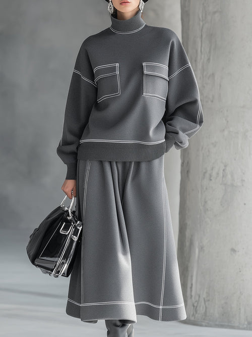 Pull Sportif Haut de Gamme à Col Roulé Gris avec Surpiqûres Blanches