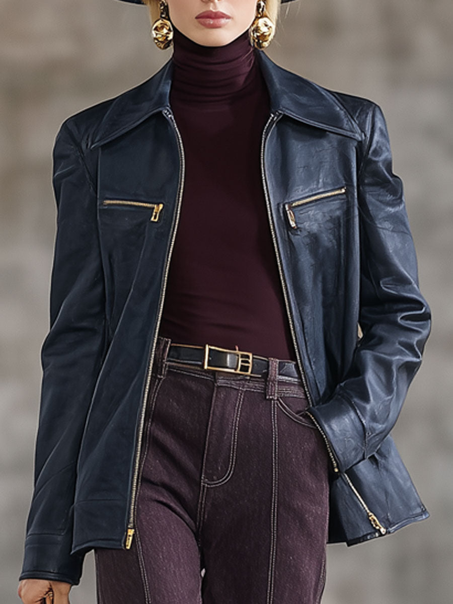 Veste Vintage en Simili Cuir Marine à Zip