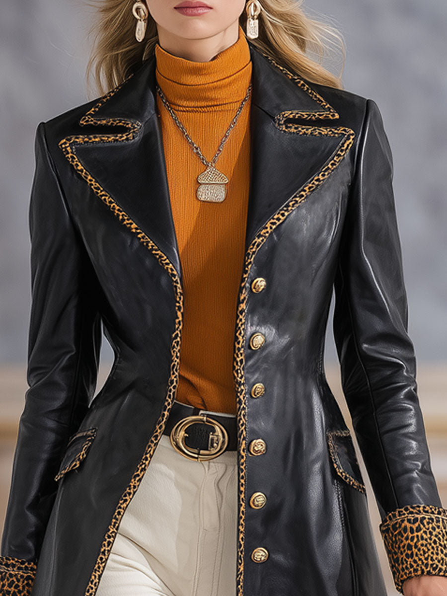 Veste en simili cuir à motif léopard avec col revers